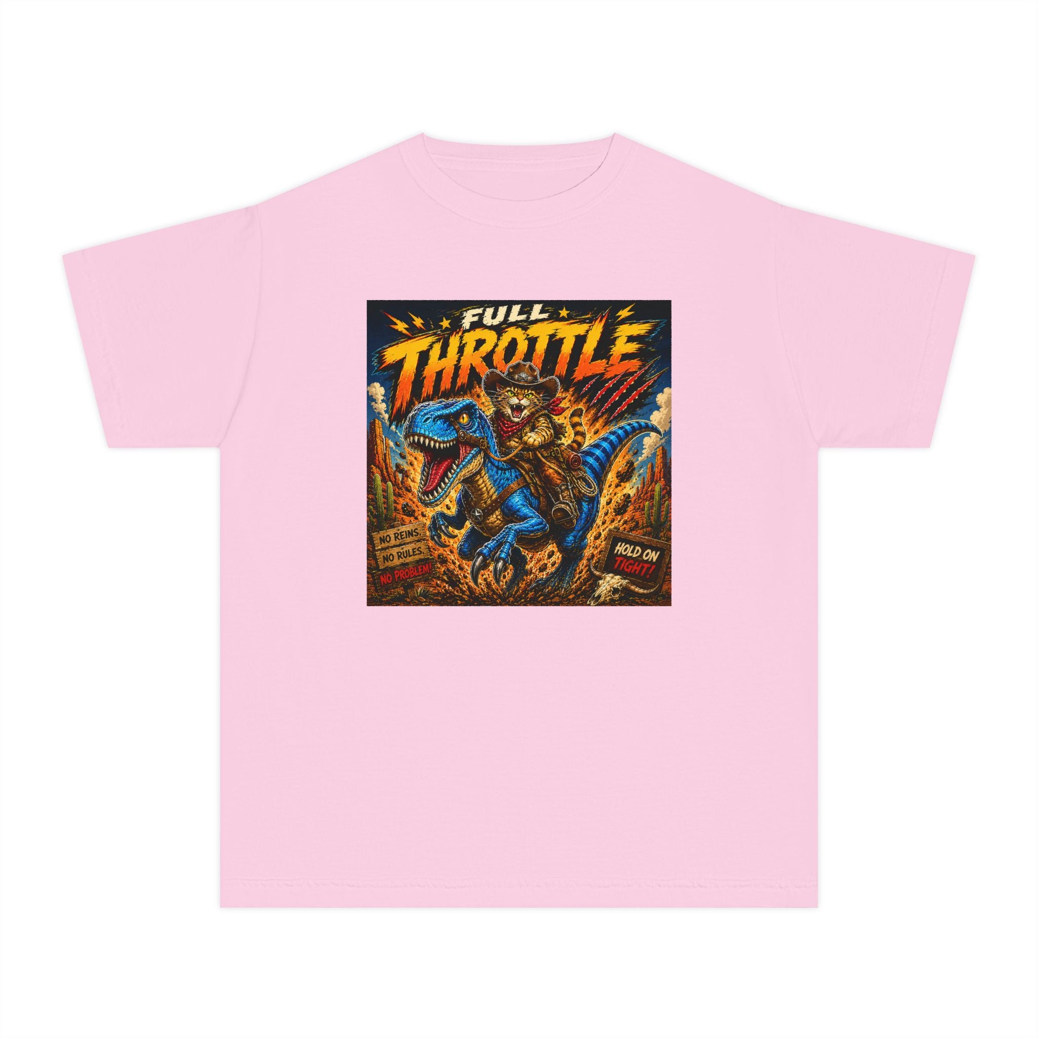 Full Throttle Kids Shirt | Cowboy Riding Dinosaur Tee | Retro Raptor Youth Shirt