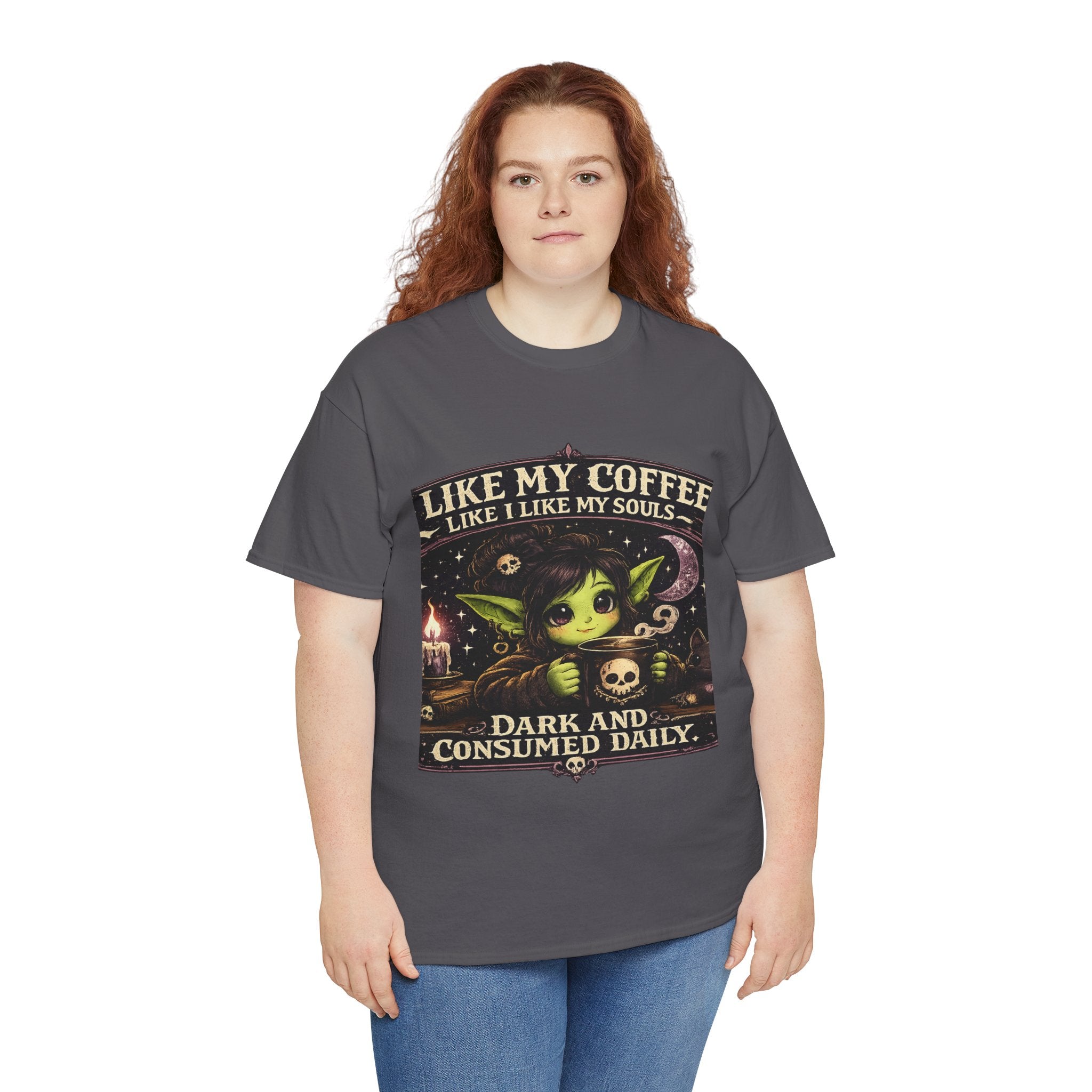 Like My Coffee Tee — "Like My Coffee Like I Like My Souls: Dark and Consumed Daily" Gothic Graphic T-Shirt