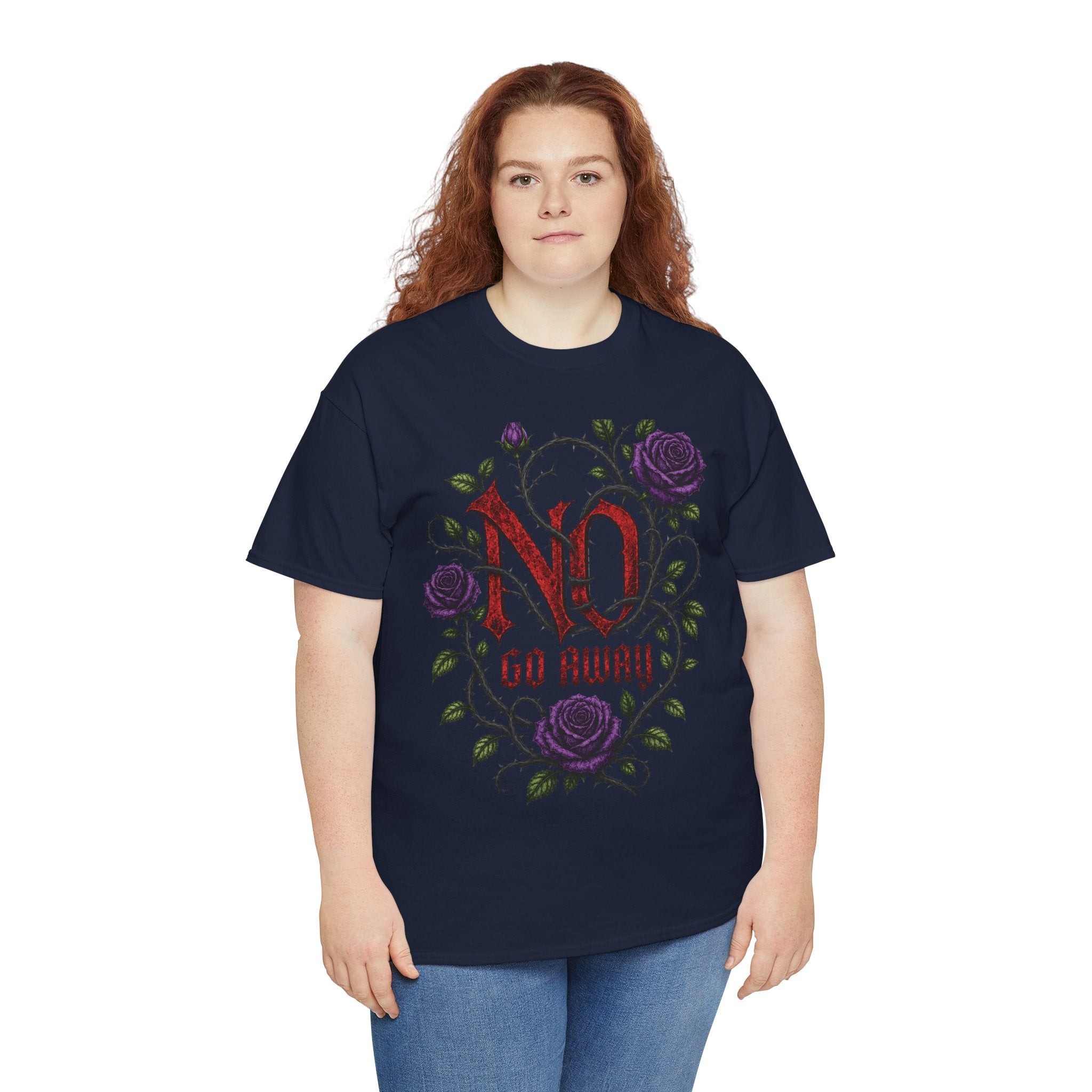 No Go Away T-Shirt | Gothic Purple Roses, Dark Floral Typography