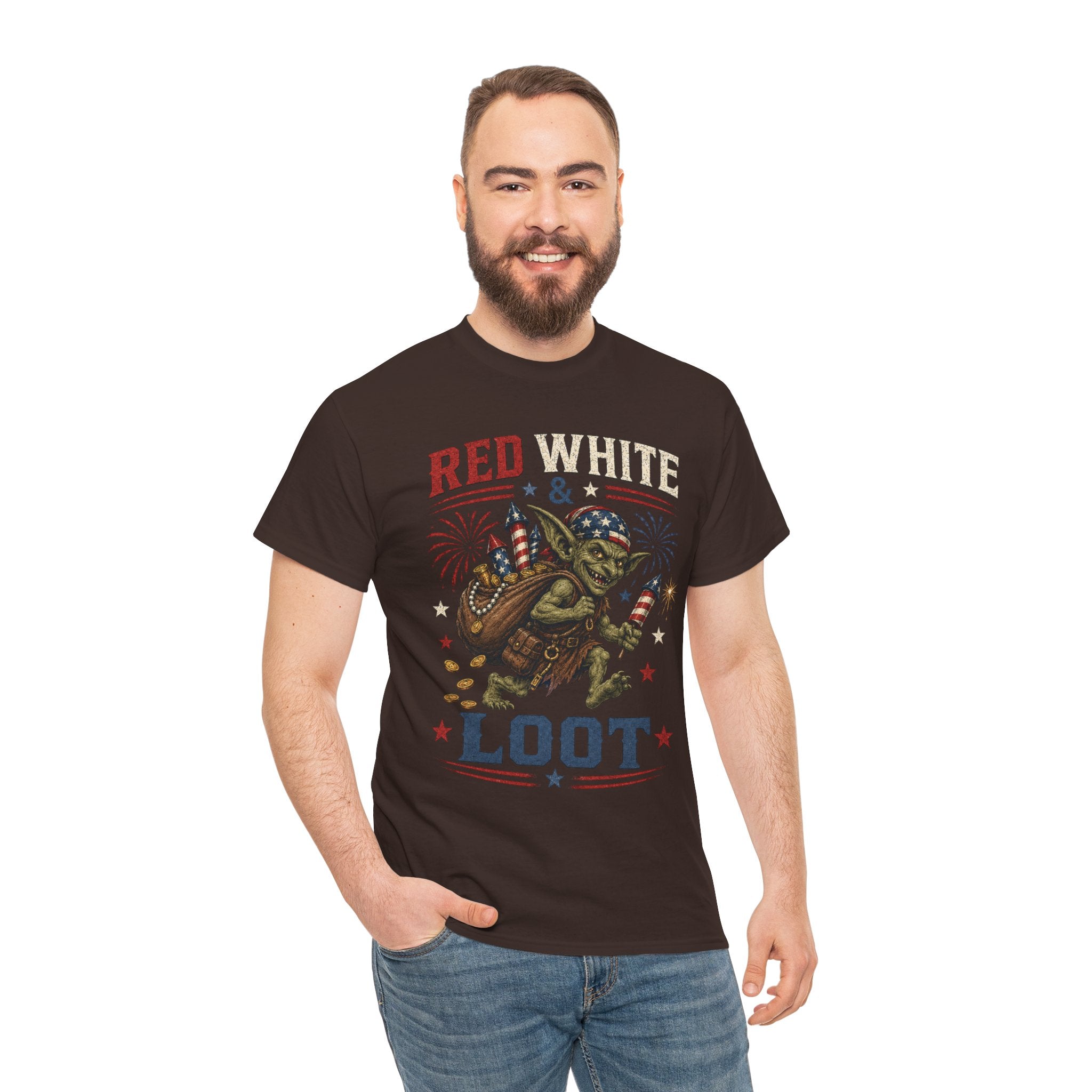 Red White & Loot Goblin Illustration Tee | Patriotic Fourth of July Shirt