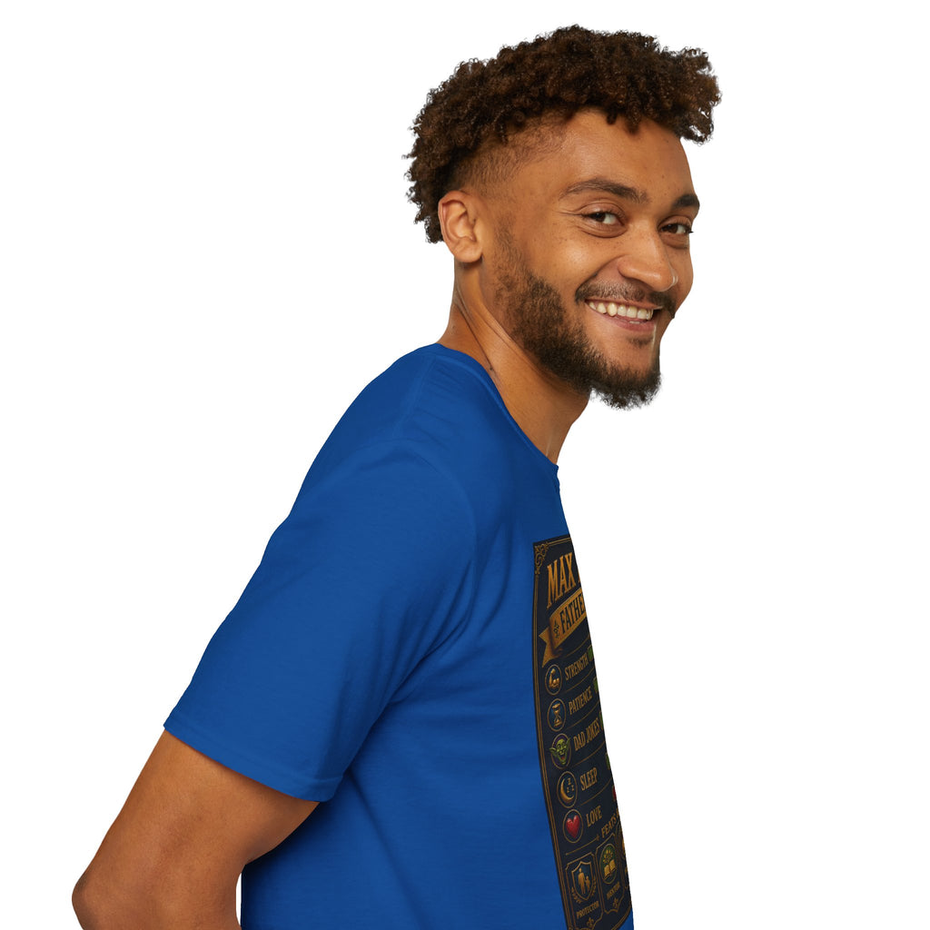 T-Shirt — "Max Level Father Class" Funny Gamer Dad Shirt (Strength, Patience, Dad Jokes)