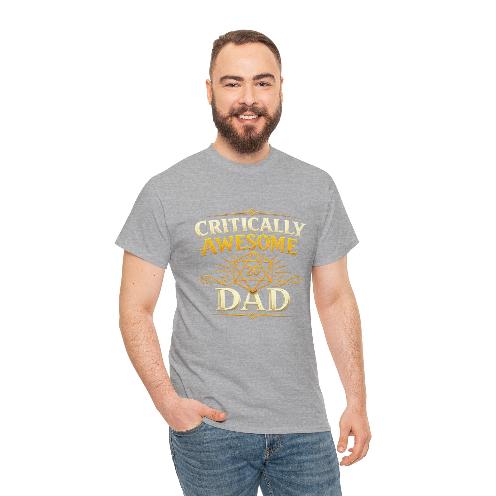Critically Awesome Dad T‑Shirt – Gold D20 Gaming Father Tee (Father’s Day, Gamer Dad Gift)