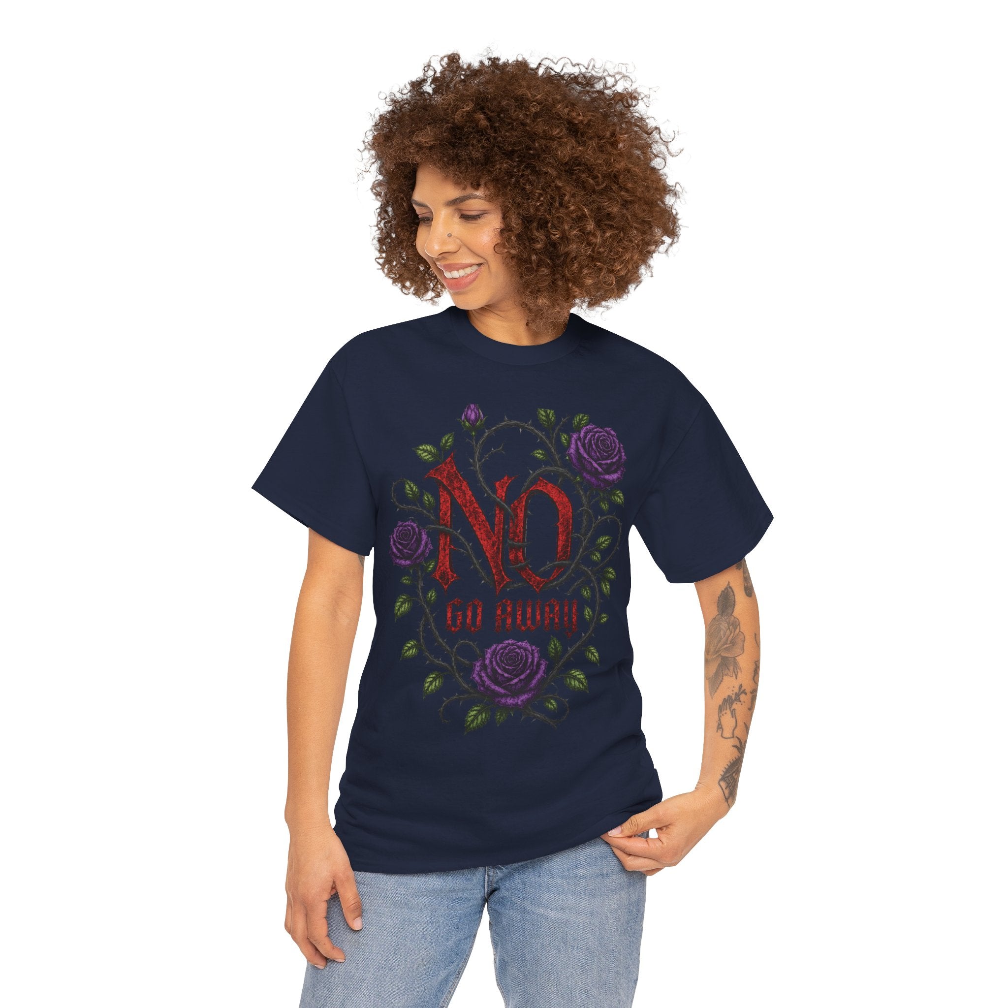 No Go Away T-Shirt | Gothic Purple Roses, Dark Floral Typography