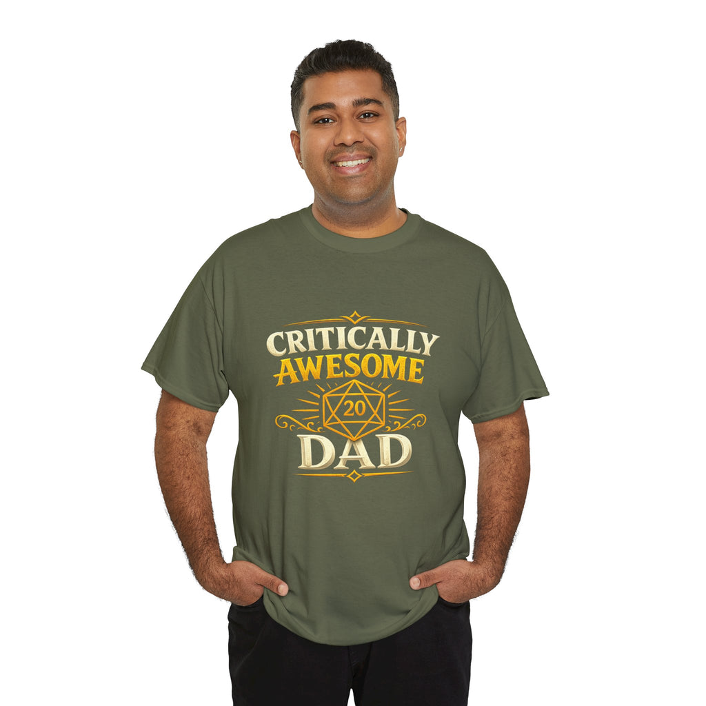 Critically Awesome Dad T‑Shirt – Gold D20 Gaming Father Tee (Father’s Day, Gamer Dad Gift)