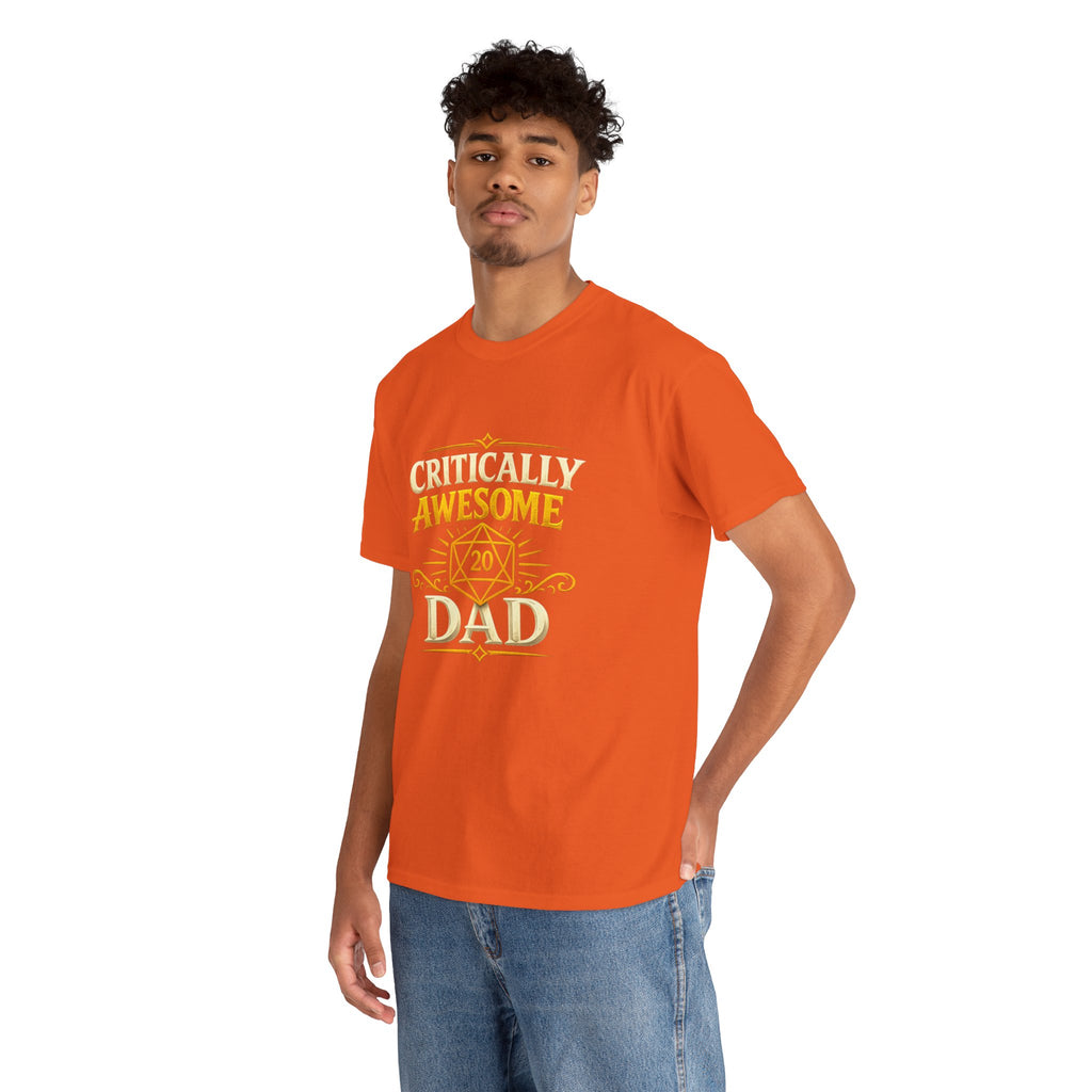 Critically Awesome Dad T‑Shirt – Gold D20 Gaming Father Tee (Father’s Day, Gamer Dad Gift)