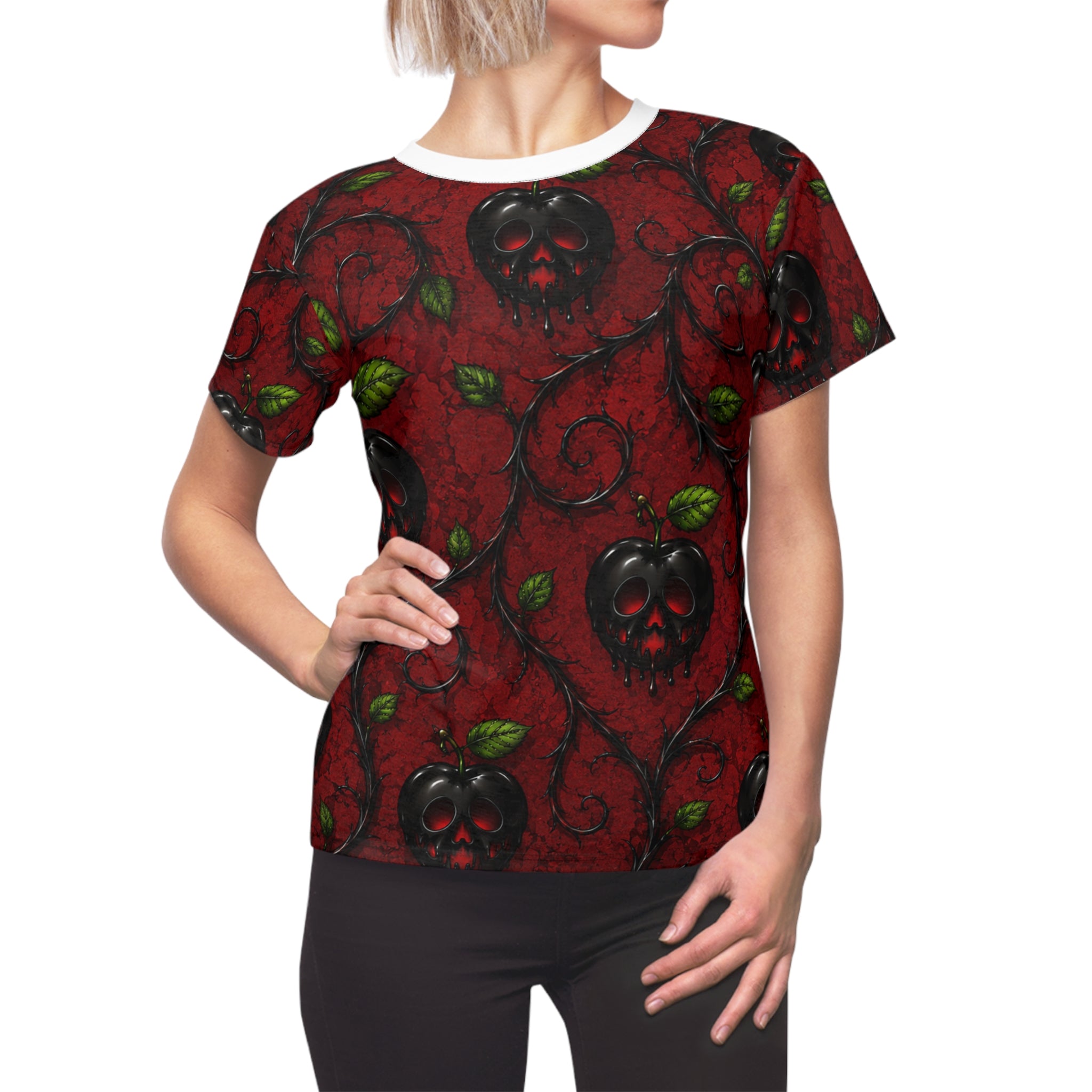 Women's Red Poison Apple Tee — Gothic Floral Skull Pattern