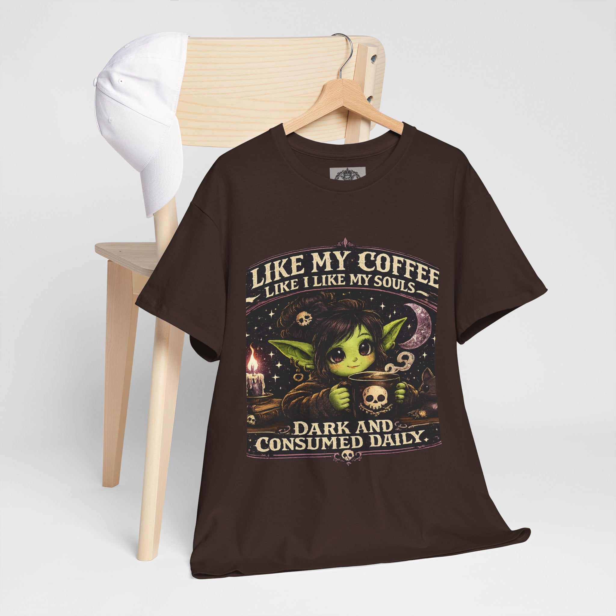 Like My Coffee Tee — "Like My Coffee Like I Like My Souls: Dark and Consumed Daily" Gothic Graphic T-Shirt