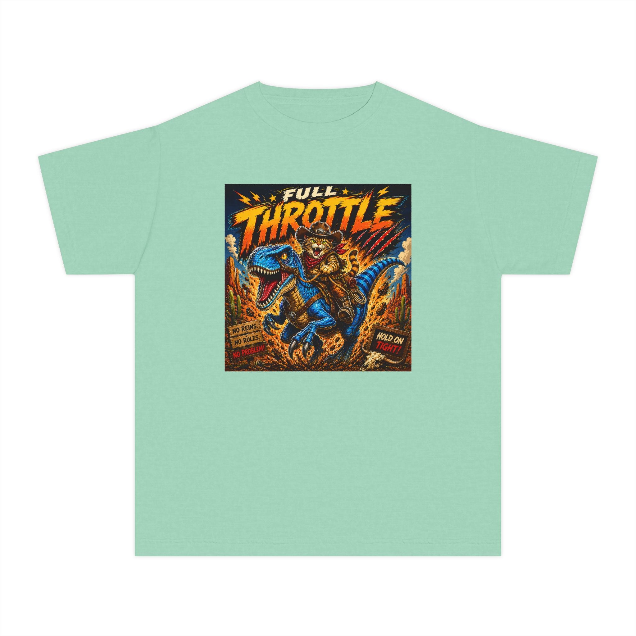 Full Throttle Kids Shirt | Cowboy Riding Dinosaur Tee | Retro Raptor Youth Shirt