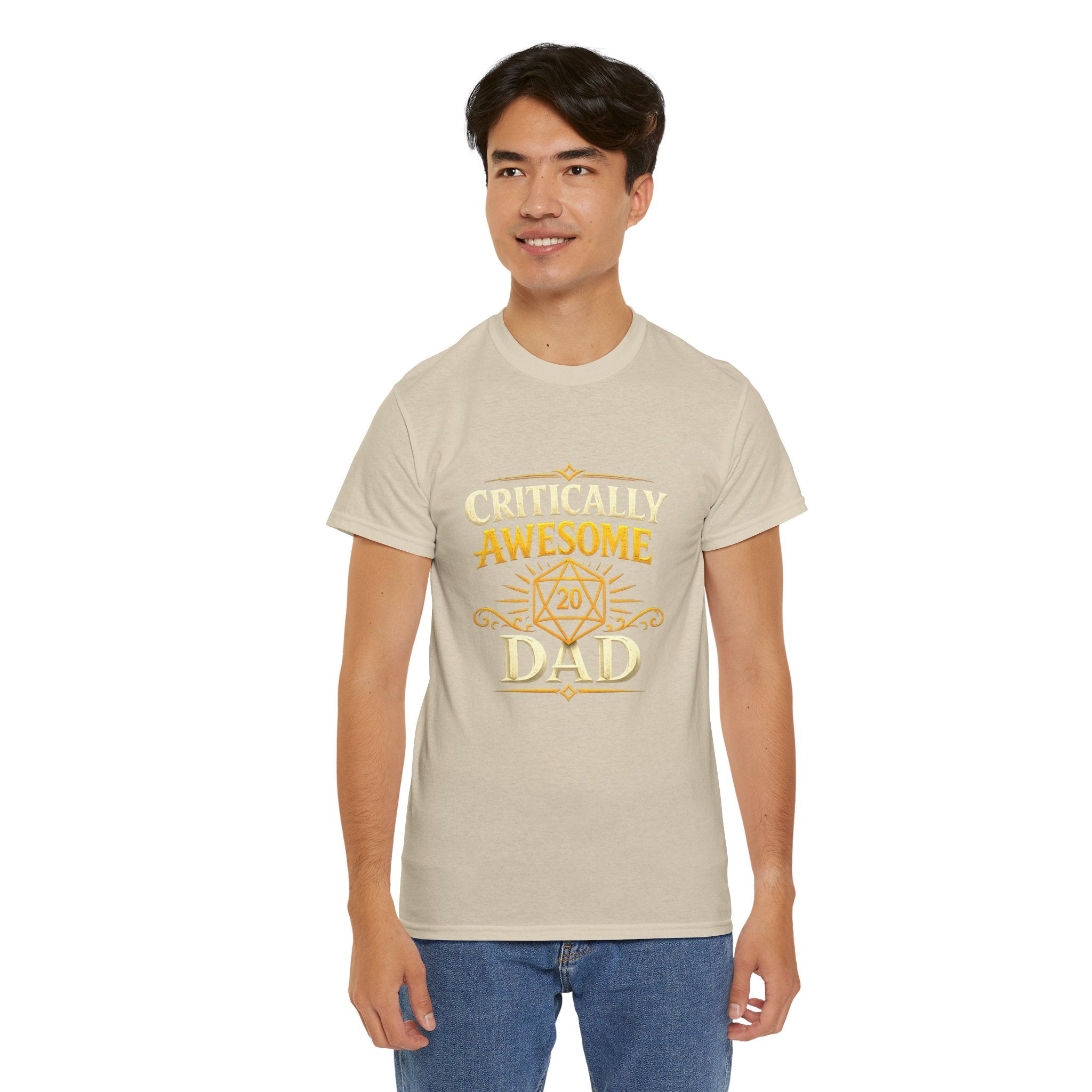 Critically Awesome Dad T‑Shirt – Gold D20 Gaming Father Tee (Father’s Day, Gamer Dad Gift)