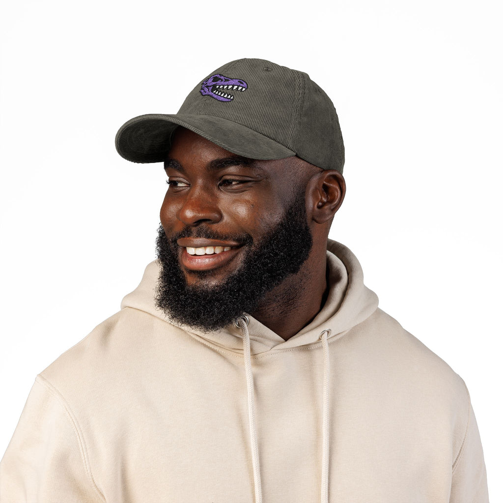 Vintage Corduroy Baseball Cap — Embroidered Purple Dino Skull
