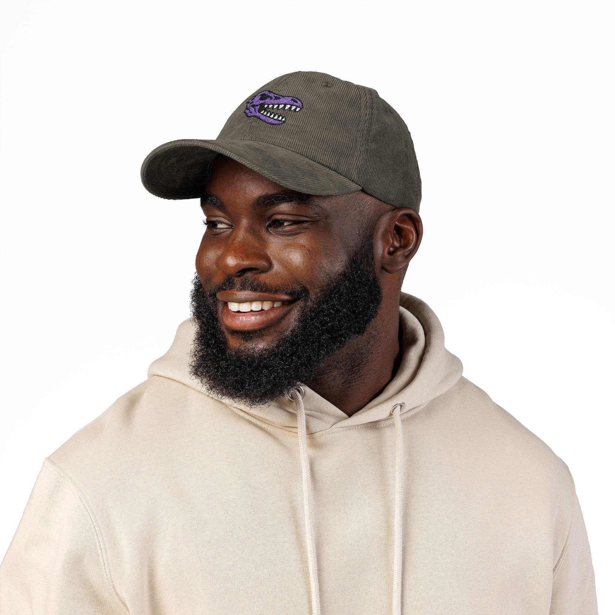 Vintage Corduroy Baseball Cap — Embroidered Purple Dino Skull