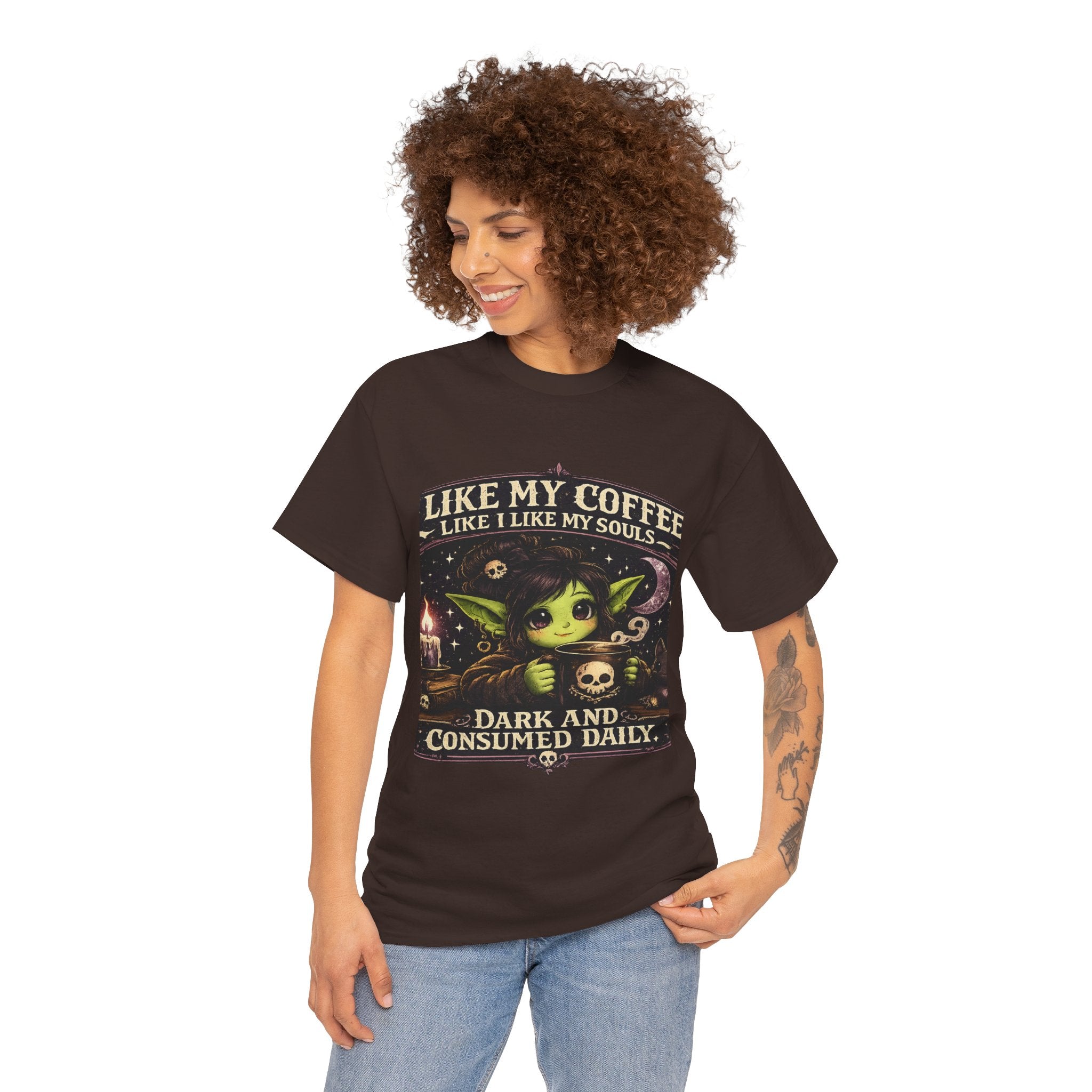 Like My Coffee Tee — "Like My Coffee Like I Like My Souls: Dark and Consumed Daily" Gothic Graphic T-Shirt