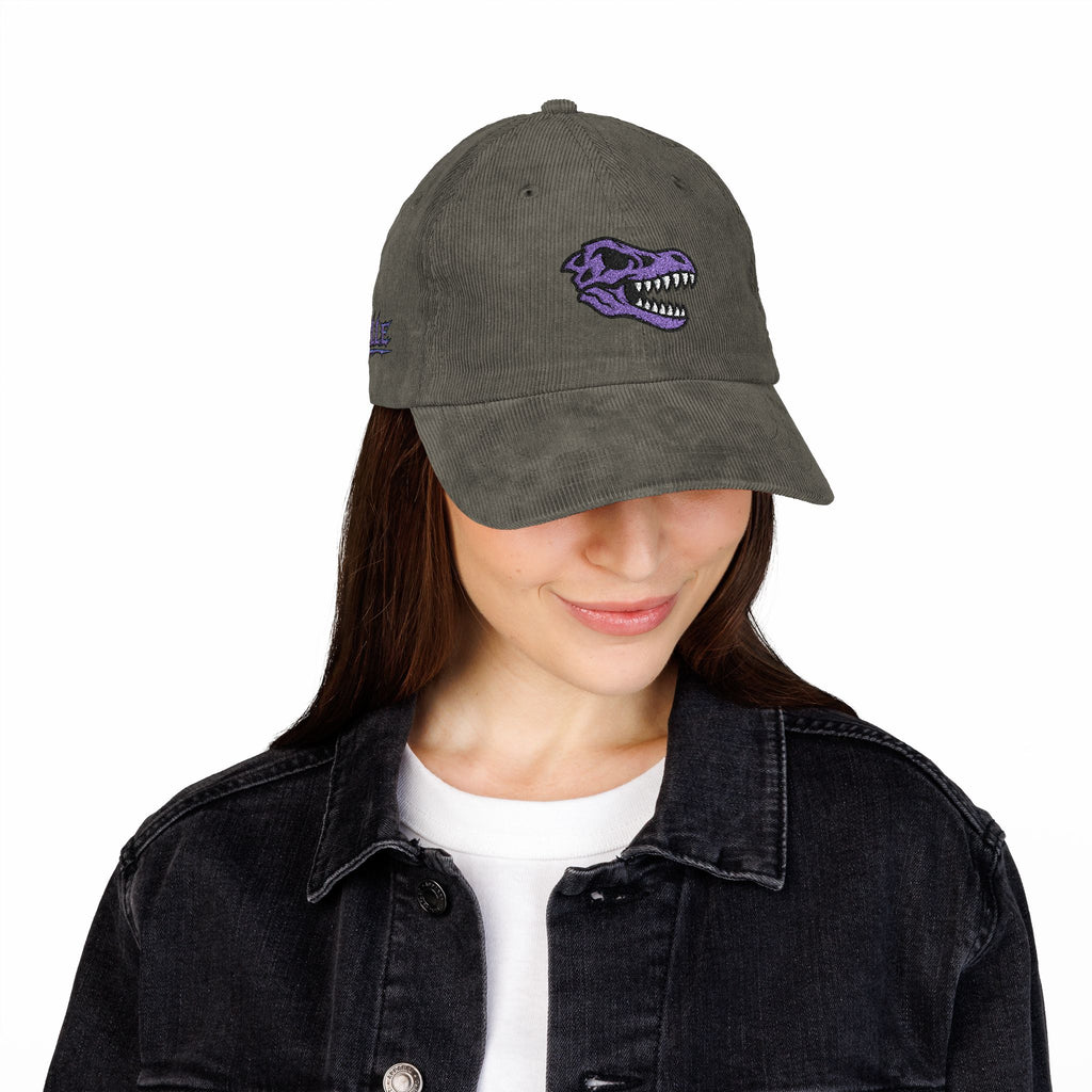 Vintage Corduroy Baseball Cap — Embroidered Purple Dino Skull