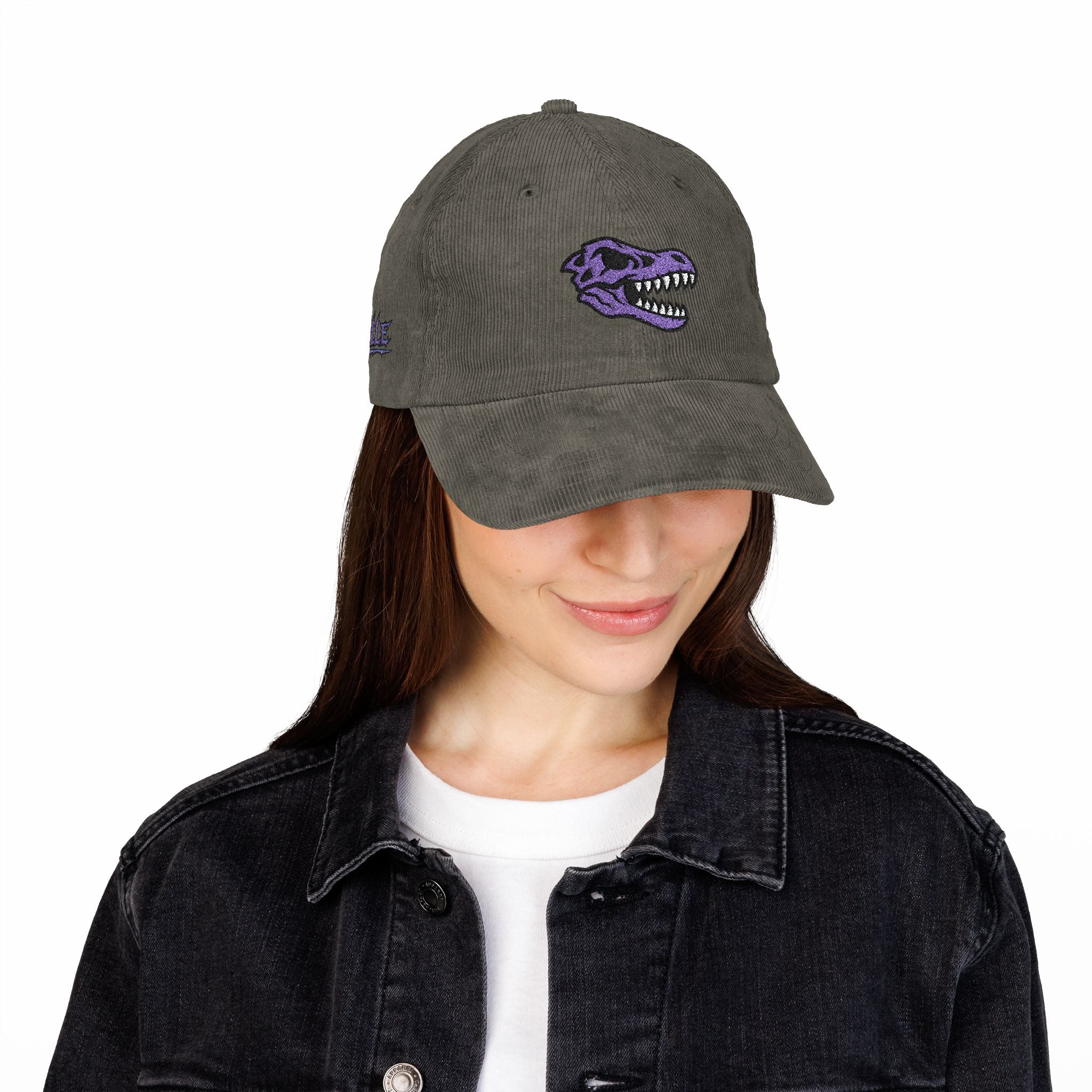 Vintage Corduroy Baseball Cap — Embroidered Purple Dino Skull