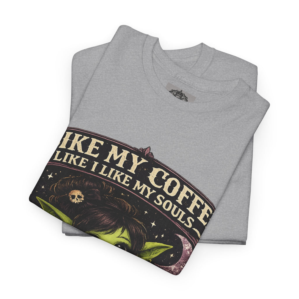 Like My Coffee Tee — "Like My Coffee Like I Like My Souls: Dark and Consumed Daily" Gothic Graphic T-Shirt