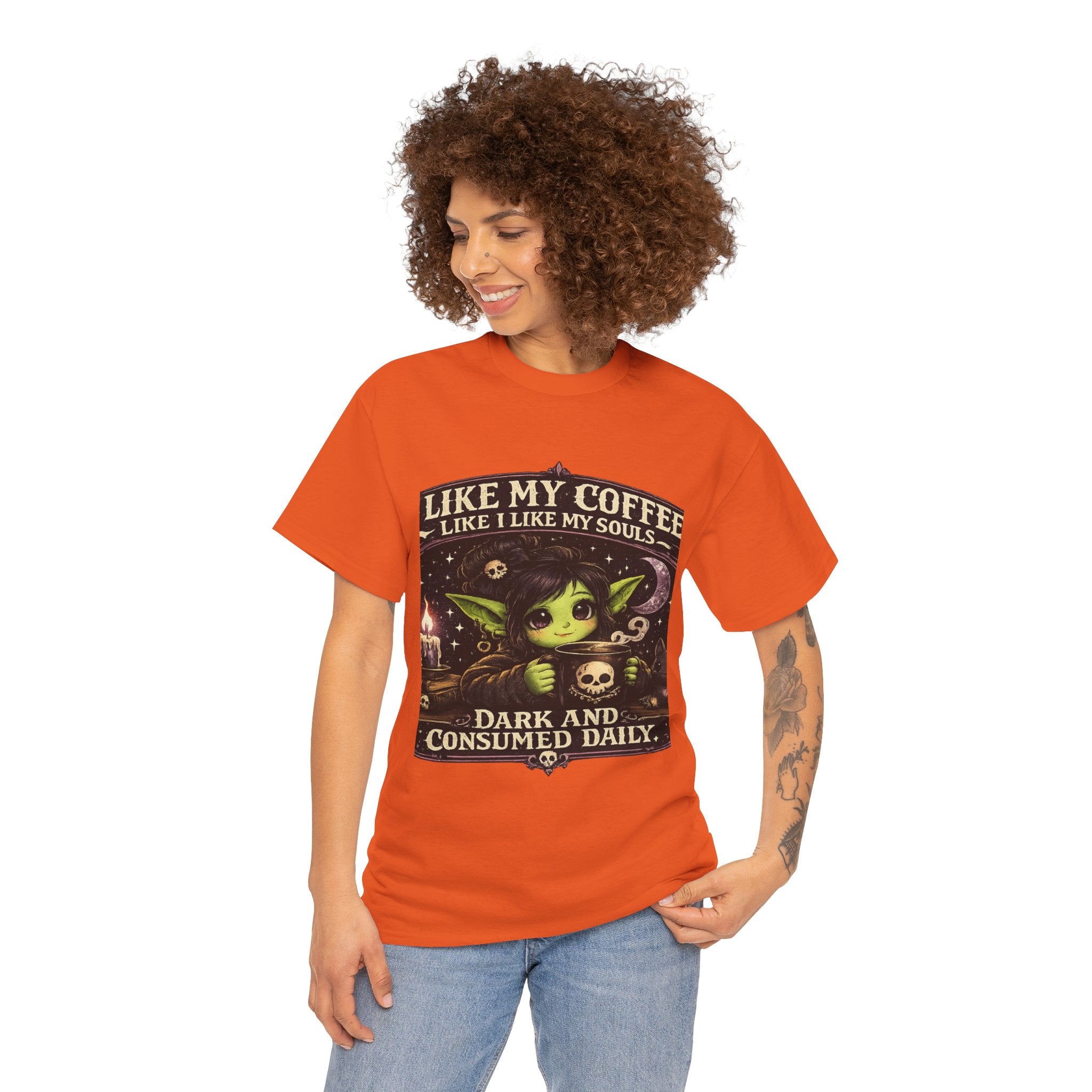 Like My Coffee Tee — "Like My Coffee Like I Like My Souls: Dark and Consumed Daily" Gothic Graphic T-Shirt