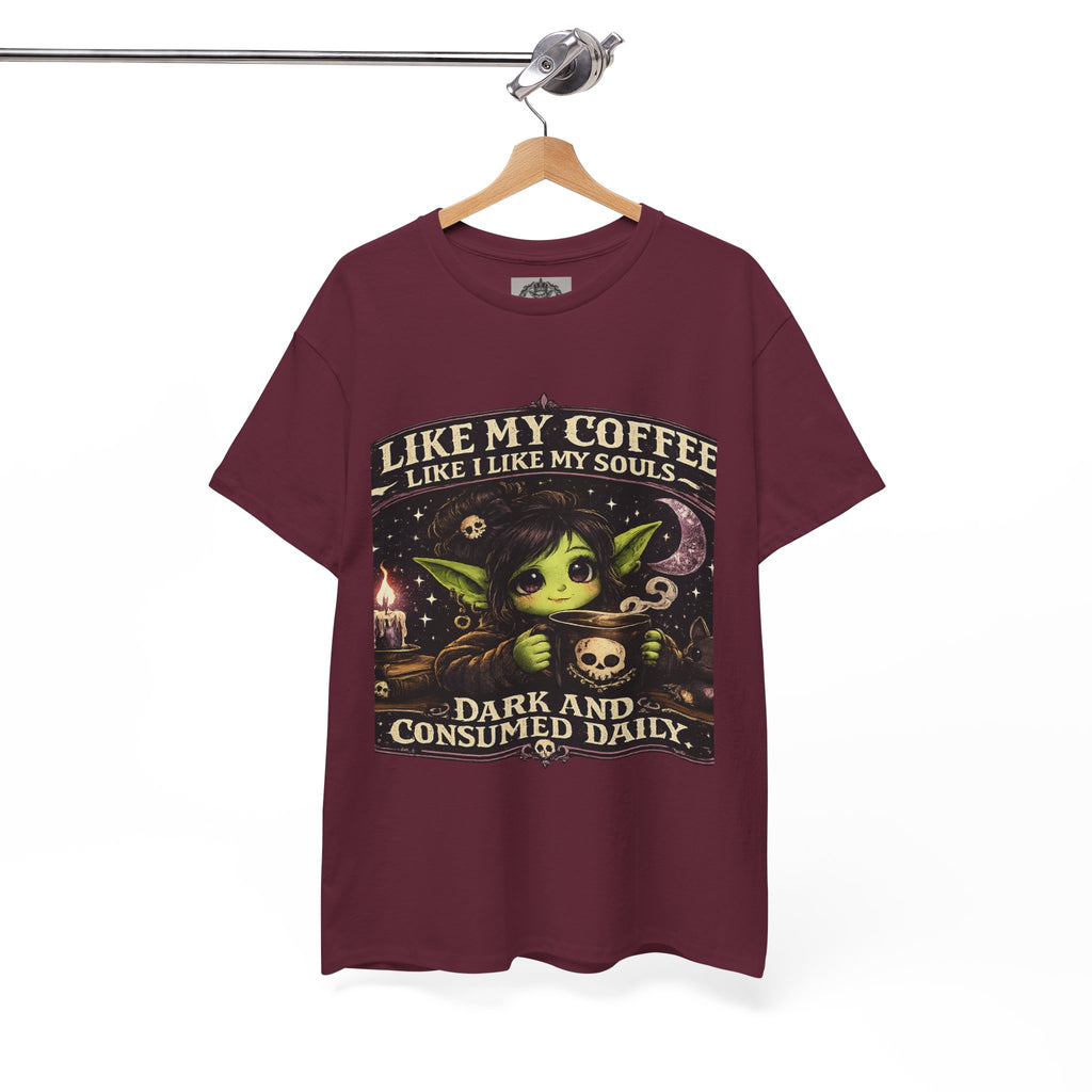 Like My Coffee Tee — "Like My Coffee Like I Like My Souls: Dark and Consumed Daily" Gothic Graphic T-Shirt