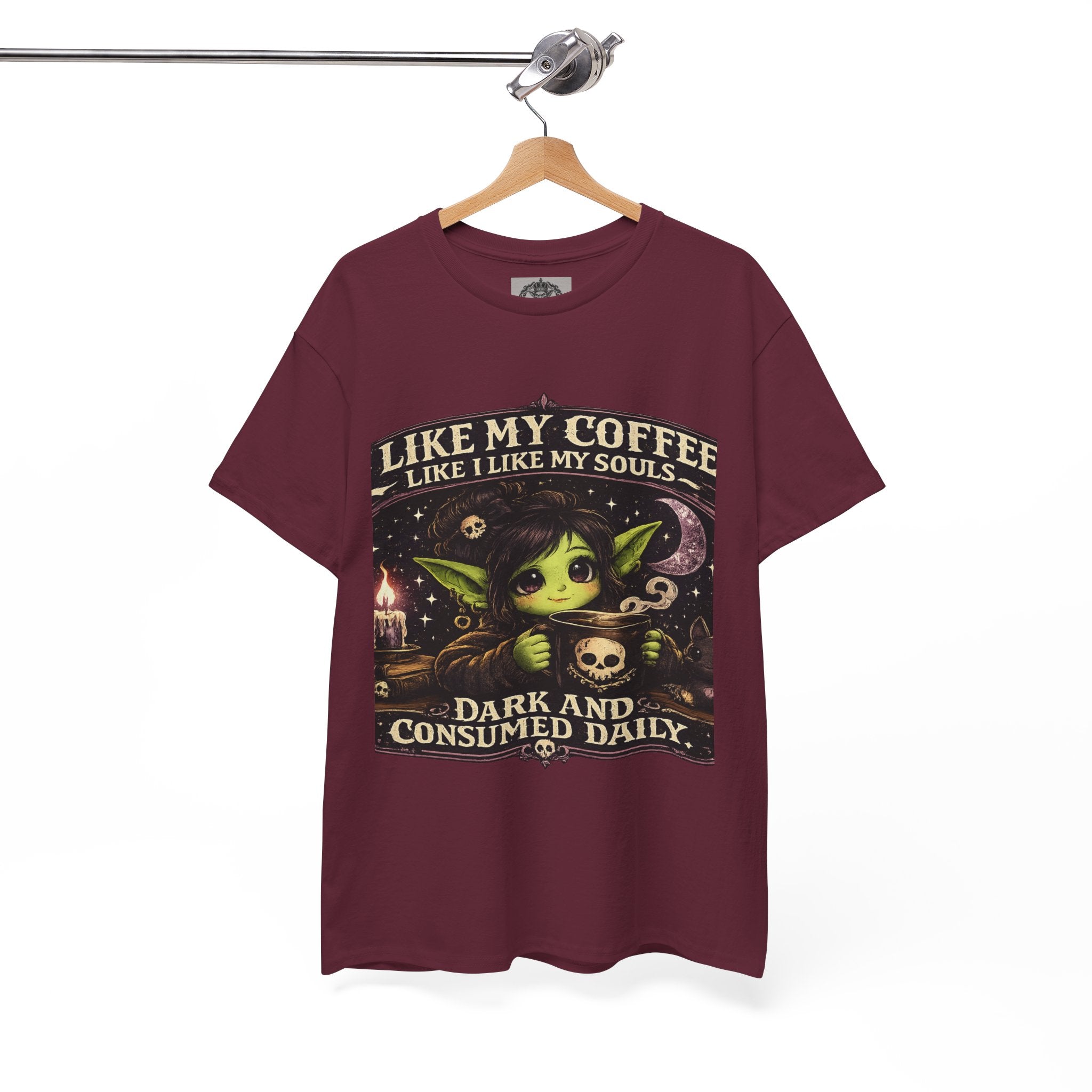 Like My Coffee Tee — "Like My Coffee Like I Like My Souls: Dark and Consumed Daily" Gothic Graphic T-Shirt
