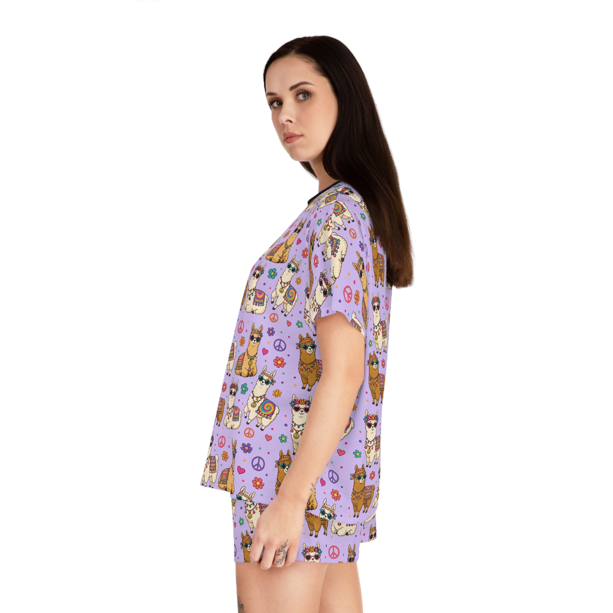 Llama Party Women’s Short Pajama Set — Cute Purple All-Over Print Sleepwear