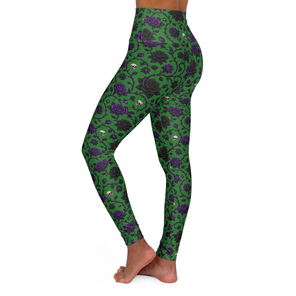High-Waist Floral Skull Yoga Leggings — Green & Purple All-Over Print
