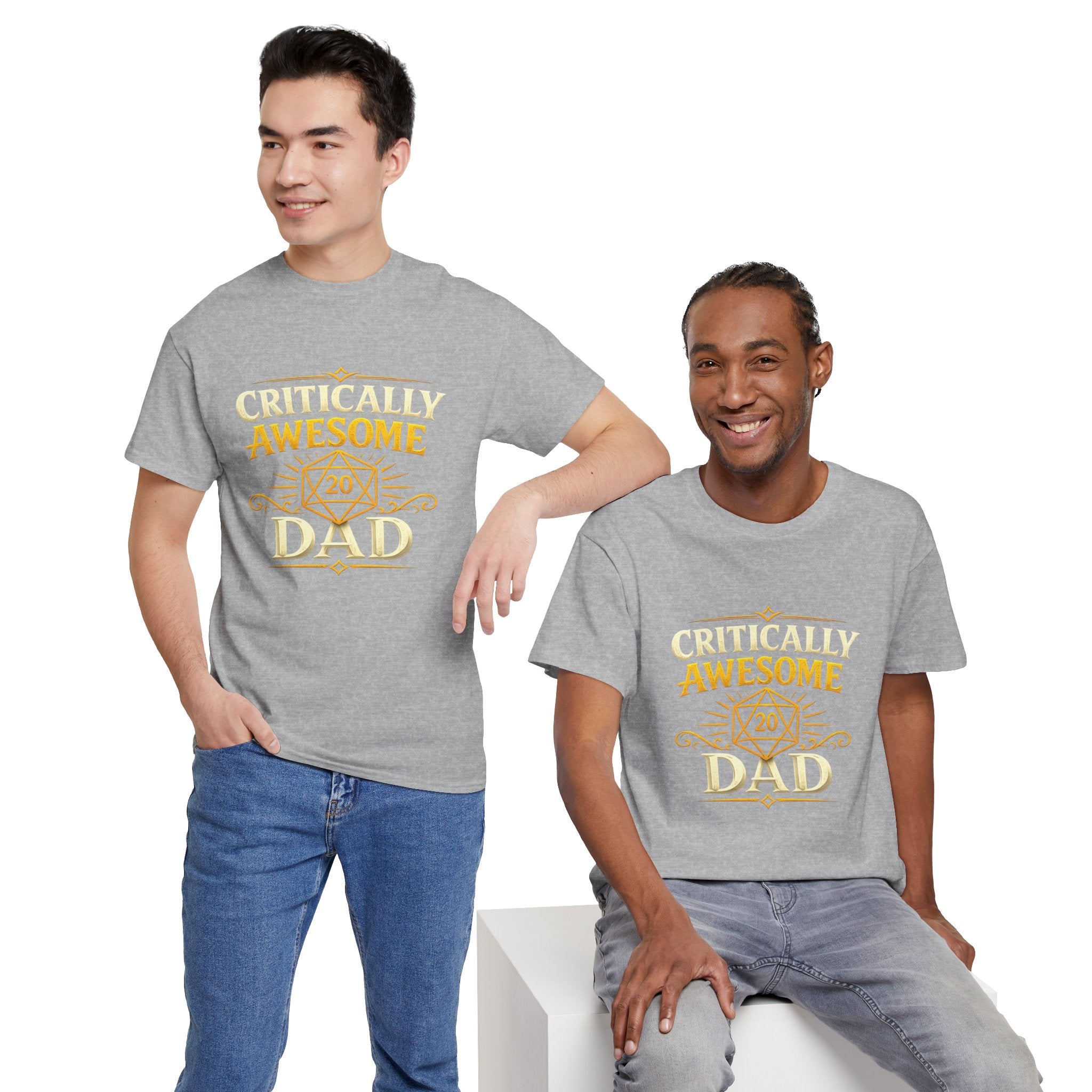 Critically Awesome Dad T‑Shirt – Gold D20 Gaming Father Tee (Father’s Day, Gamer Dad Gift)