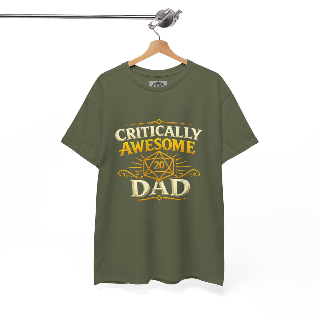 Critically Awesome Dad T‑Shirt – Gold D20 Gaming Father Tee (Father’s Day, Gamer Dad Gift)