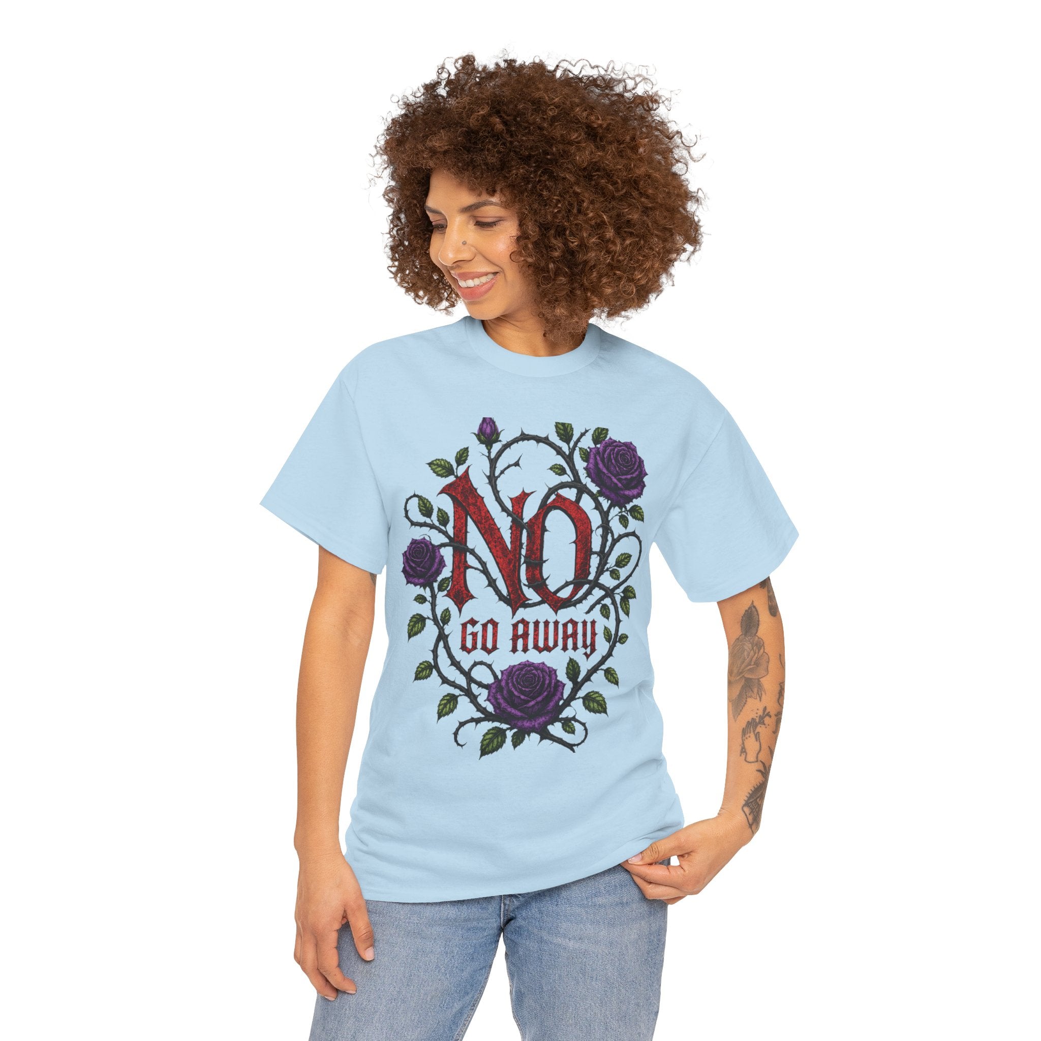 No Go Away T-Shirt | Gothic Purple Roses, Dark Floral Typography