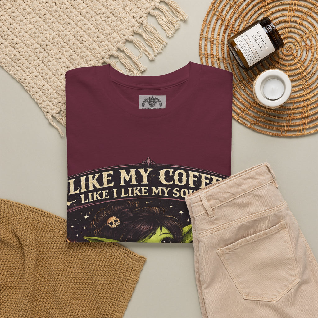 Like My Coffee Tee — "Like My Coffee Like I Like My Souls: Dark and Consumed Daily" Gothic Graphic T-Shirt