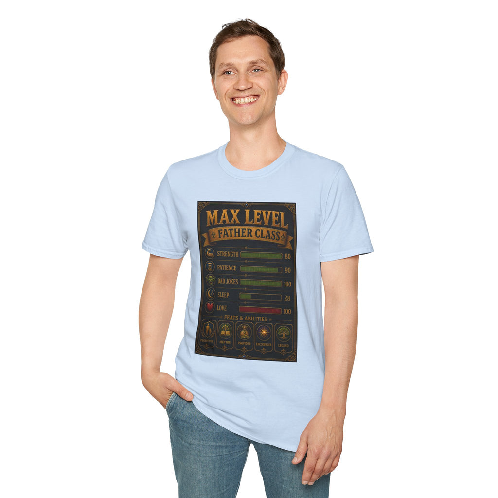 T-Shirt — "Max Level Father Class" Funny Gamer Dad Shirt (Strength, Patience, Dad Jokes)