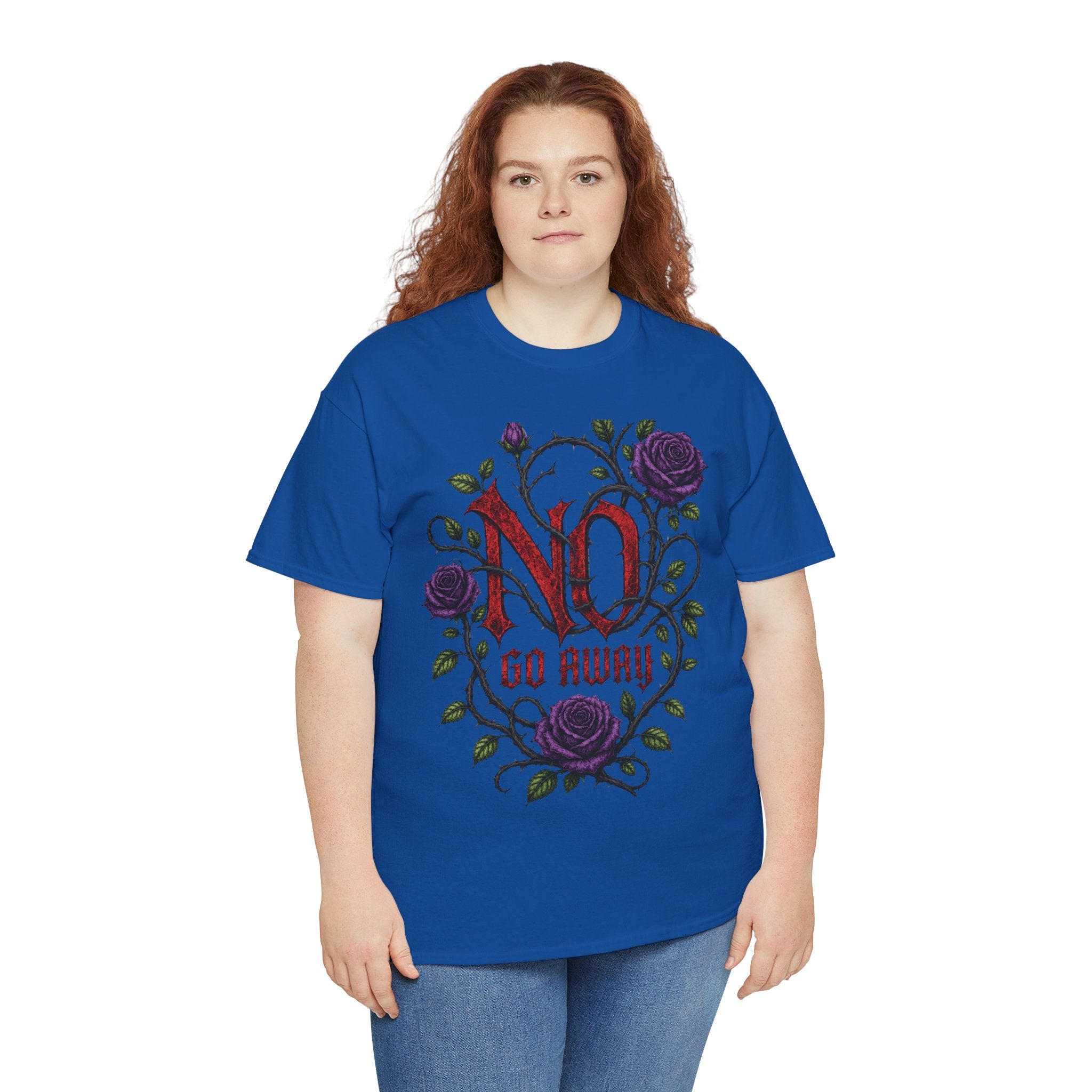 No Go Away T-Shirt | Gothic Purple Roses, Dark Floral Typography