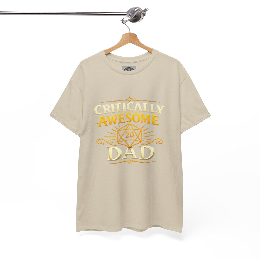 Critically Awesome Dad T‑Shirt – Gold D20 Gaming Father Tee (Father’s Day, Gamer Dad Gift)