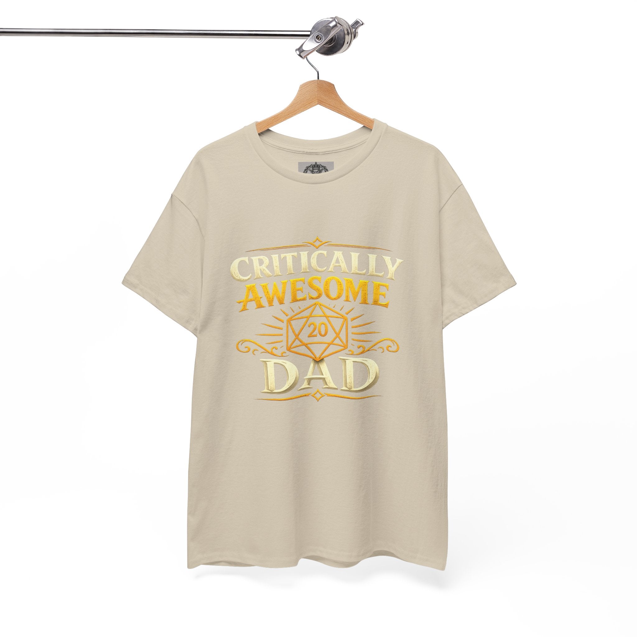 Critically Awesome Dad T‑Shirt – Gold D20 Gaming Father Tee (Father’s Day, Gamer Dad Gift)