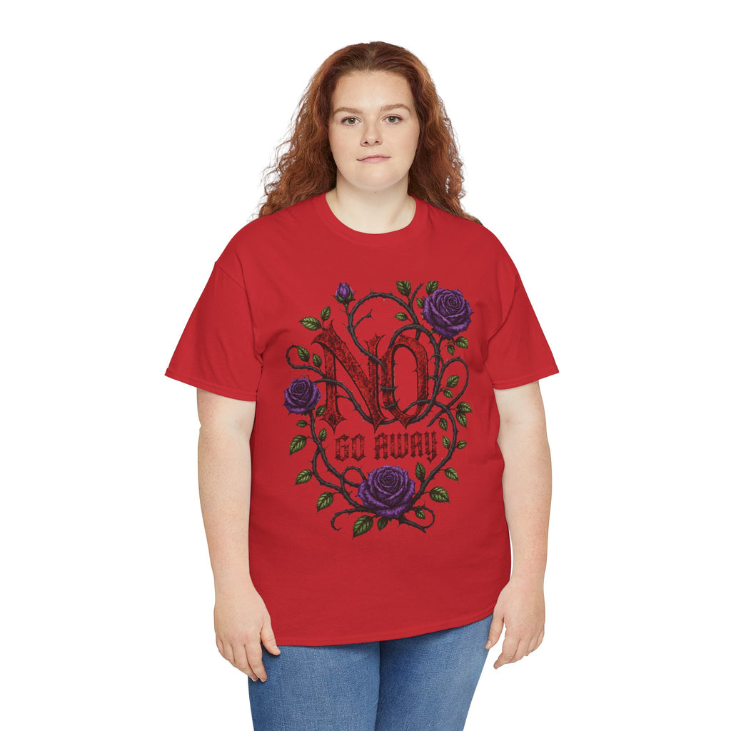 No Go Away T-Shirt | Gothic Purple Roses, Dark Floral Typography