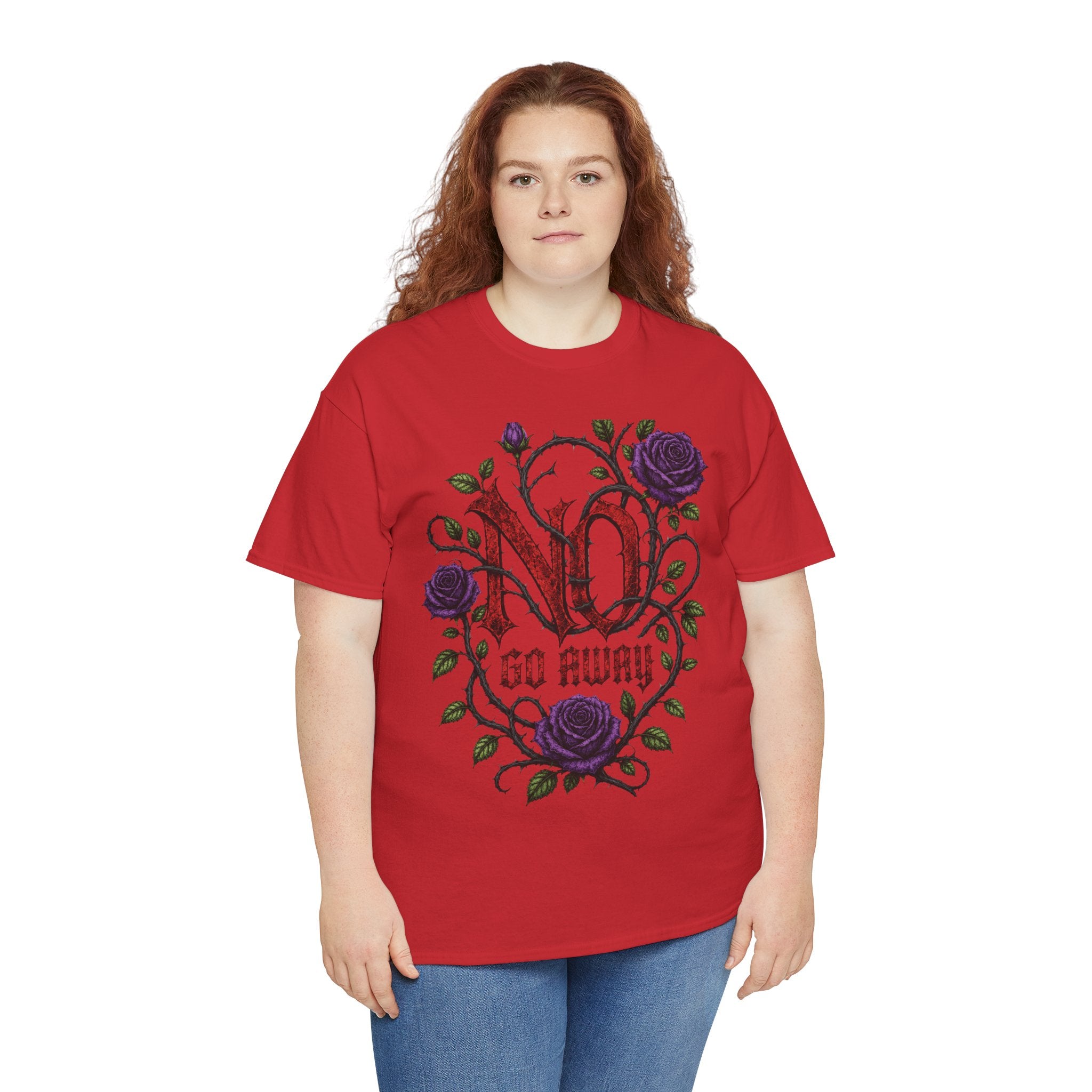 No Go Away T-Shirt | Gothic Purple Roses, Dark Floral Typography