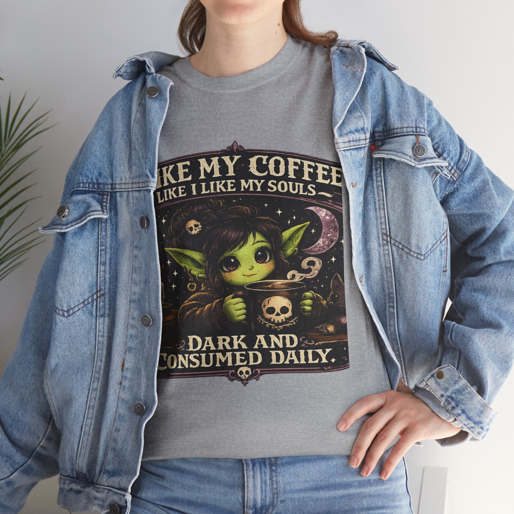 Like My Coffee Tee — "Like My Coffee Like I Like My Souls: Dark and Consumed Daily" Gothic Graphic T-Shirt