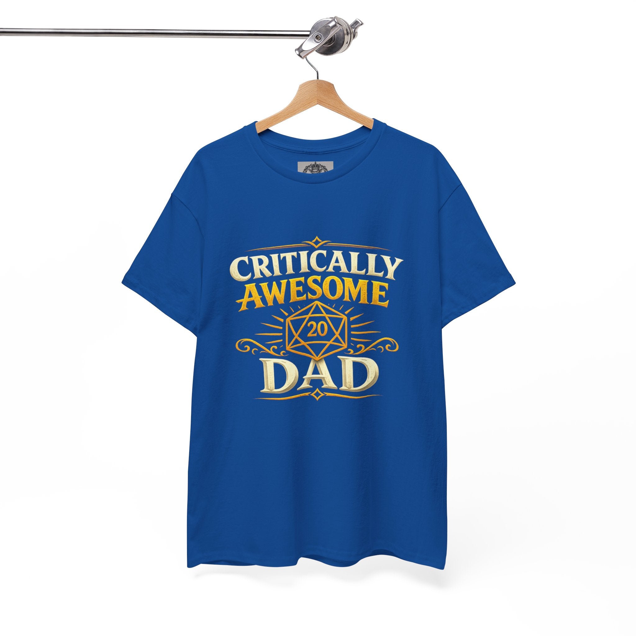 Critically Awesome Dad T‑Shirt – Gold D20 Gaming Father Tee (Father’s Day, Gamer Dad Gift)
