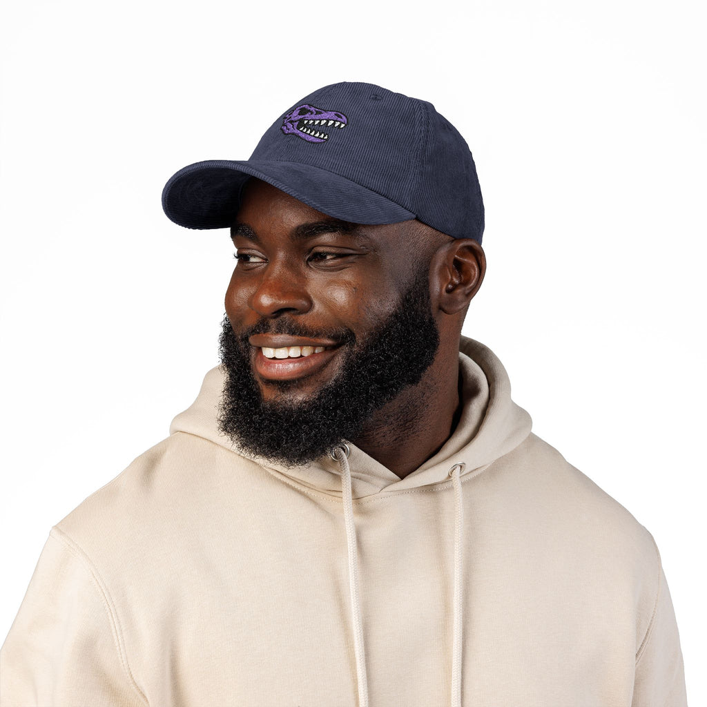 Vintage Corduroy Baseball Cap — Embroidered Purple Dino Skull