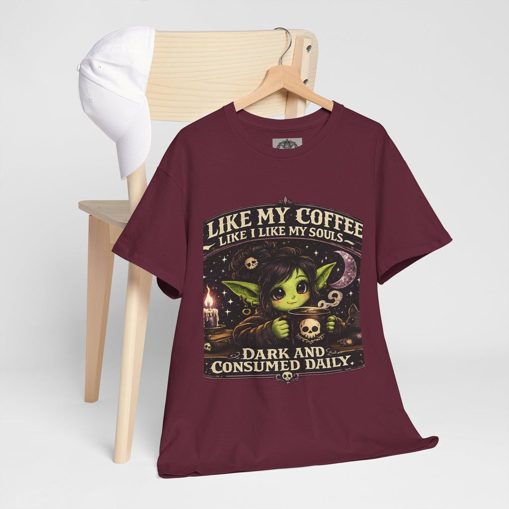 Like My Coffee Tee — "Like My Coffee Like I Like My Souls: Dark and Consumed Daily" Gothic Graphic T-Shirt