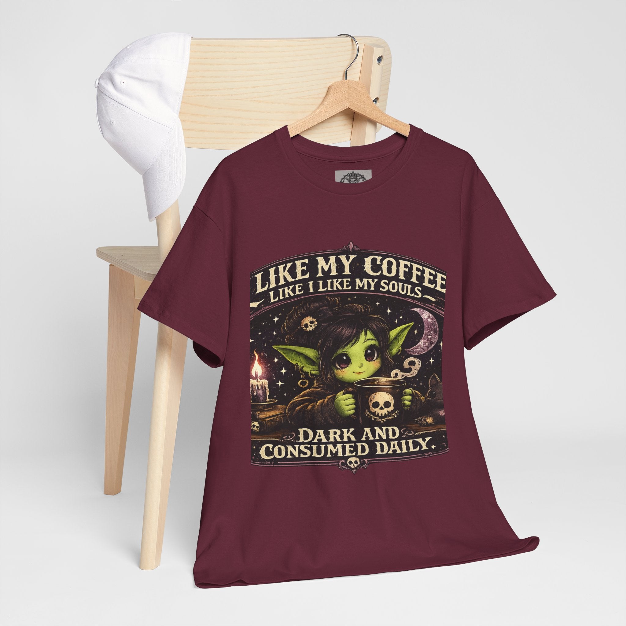 Like My Coffee Tee — "Like My Coffee Like I Like My Souls: Dark and Consumed Daily" Gothic Graphic T-Shirt