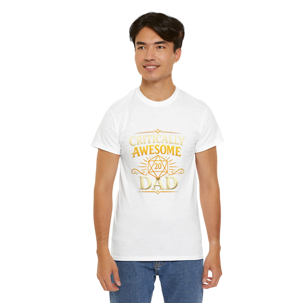 Critically Awesome Dad T‑Shirt – Gold D20 Gaming Father Tee (Father’s Day, Gamer Dad Gift)