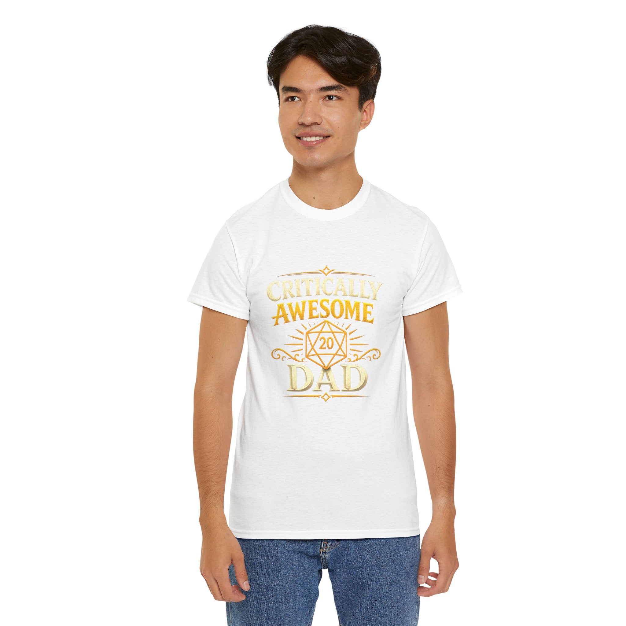 Critically Awesome Dad T‑Shirt – Gold D20 Gaming Father Tee (Father’s Day, Gamer Dad Gift)