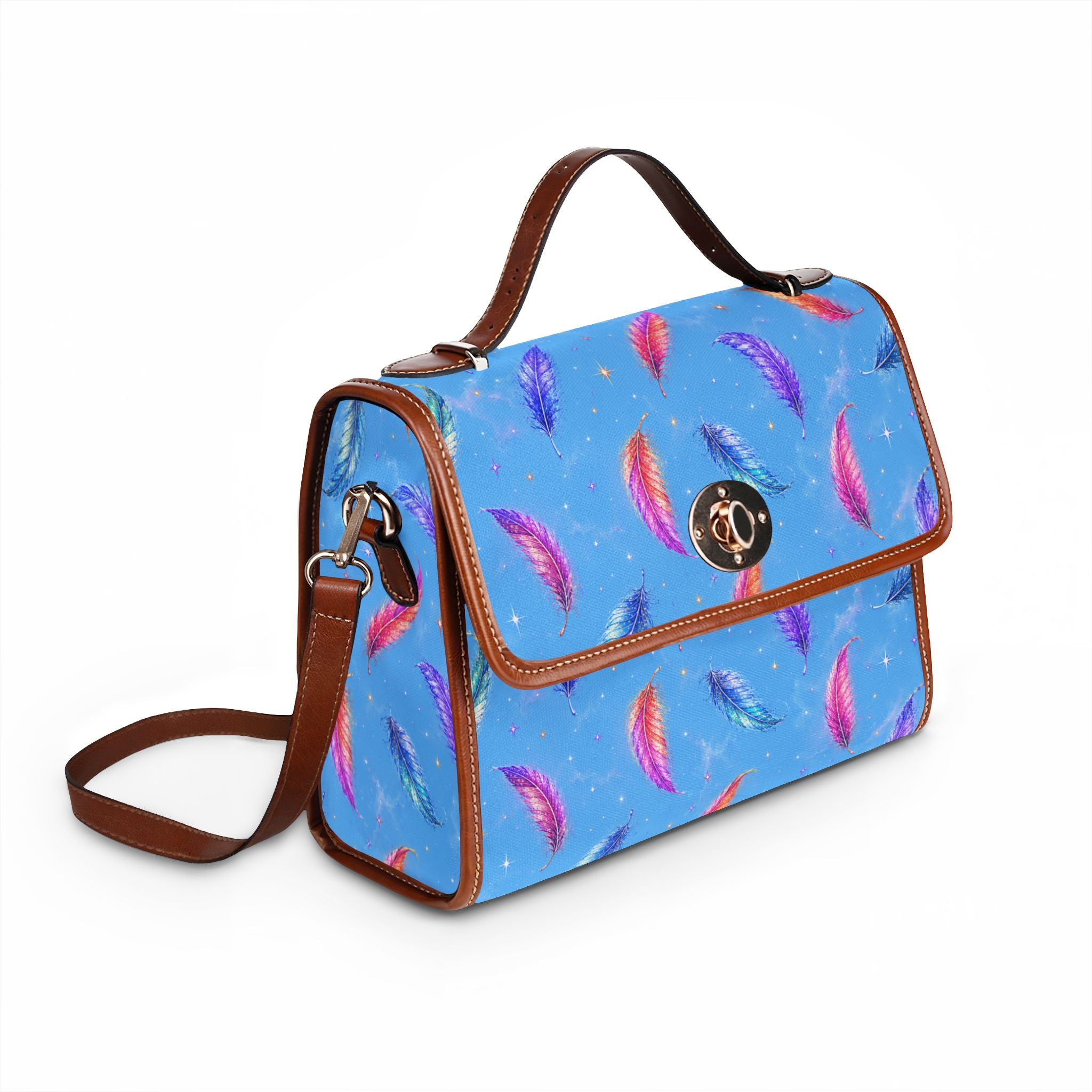 Colorful Watercolor Feathers Waterproof Canvas Bag | Blue Feather Print Tote