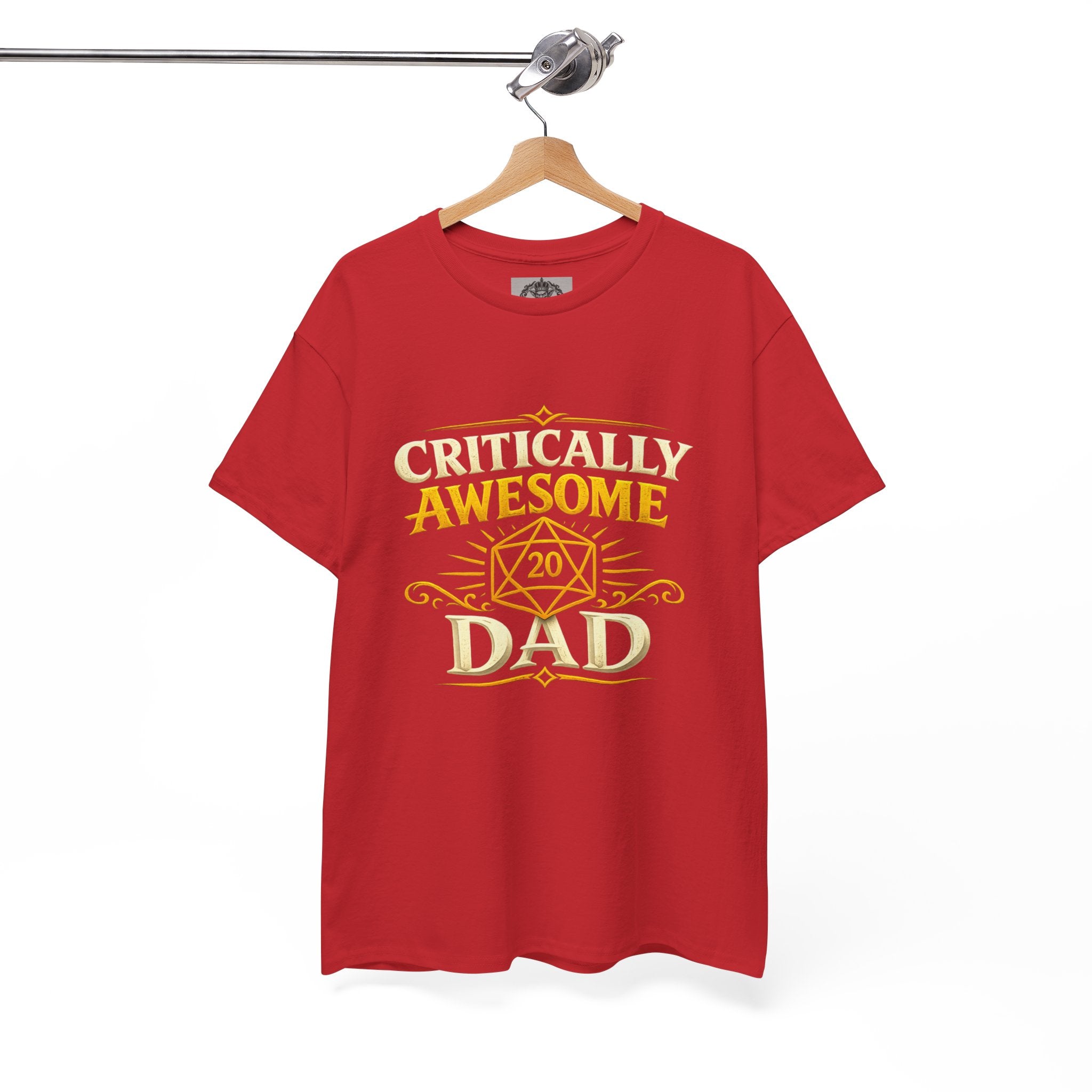 Critically Awesome Dad T‑Shirt – Gold D20 Gaming Father Tee (Father’s Day, Gamer Dad Gift)