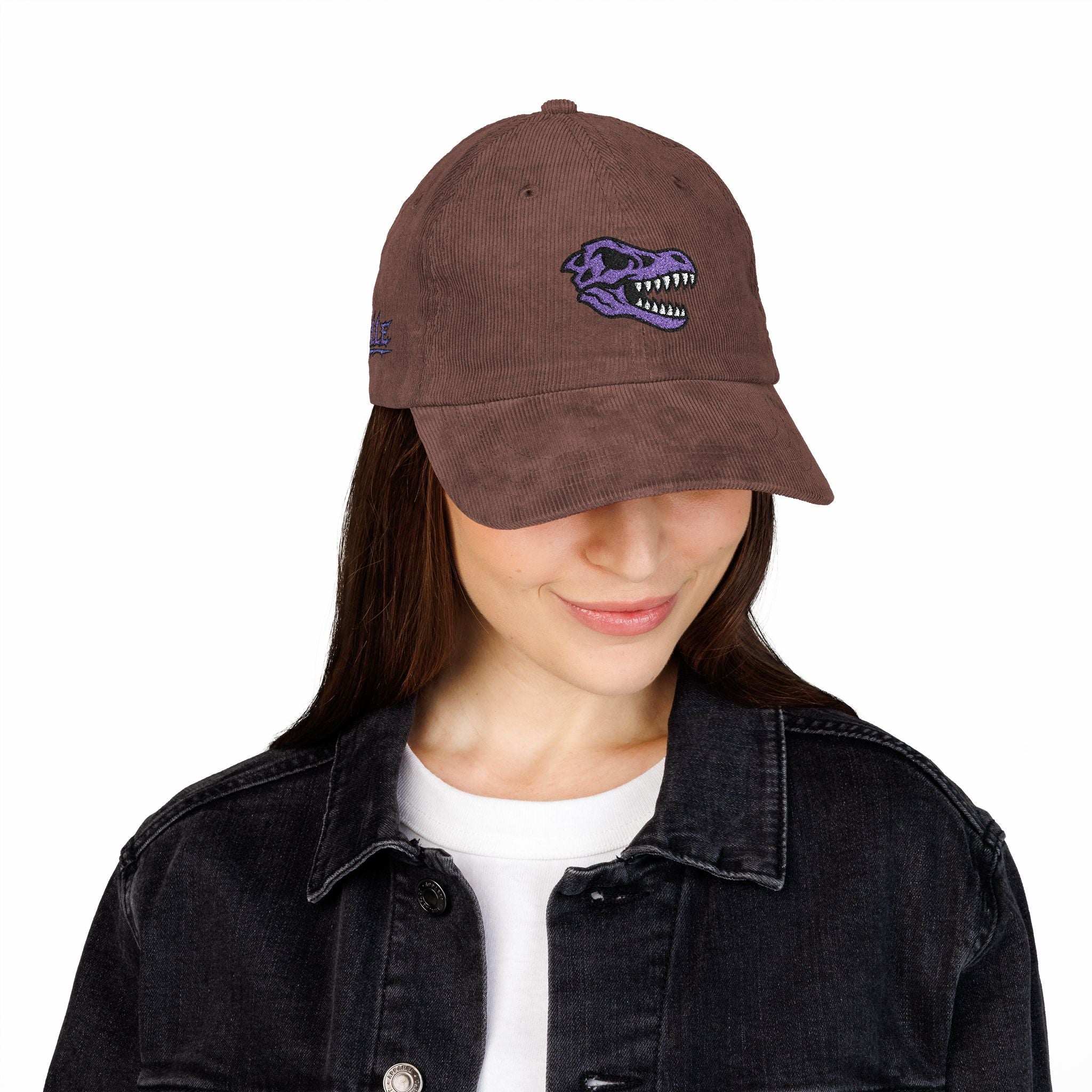 Vintage Corduroy Baseball Cap — Embroidered Purple Dino Skull