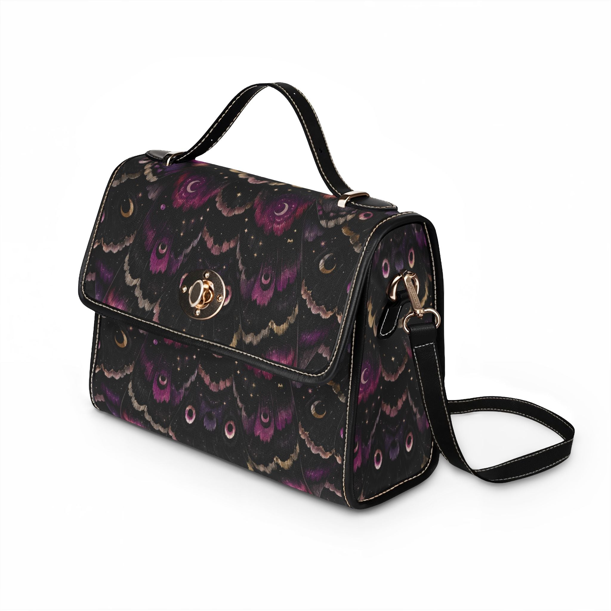 Dark Purple Moth Wing Pattern Waterproof Canvas Bag | Floral Boho Satchel