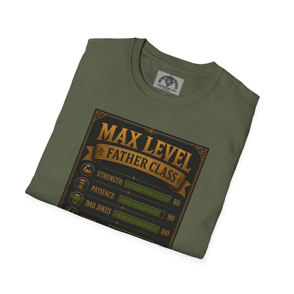 T-Shirt — "Max Level Father Class" Funny Gamer Dad Shirt (Strength, Patience, Dad Jokes)