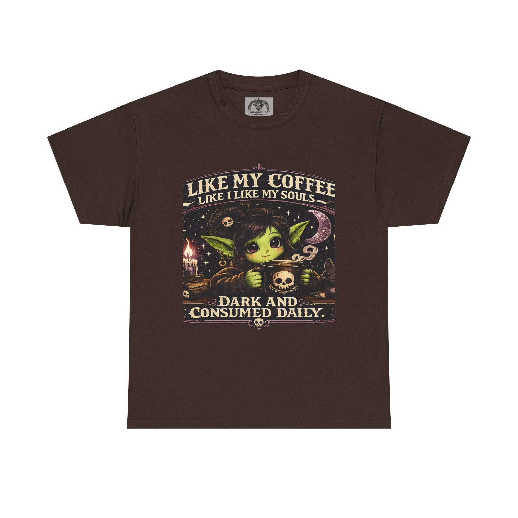 Like My Coffee Tee — "Like My Coffee Like I Like My Souls: Dark and Consumed Daily" Gothic Graphic T-Shirt
