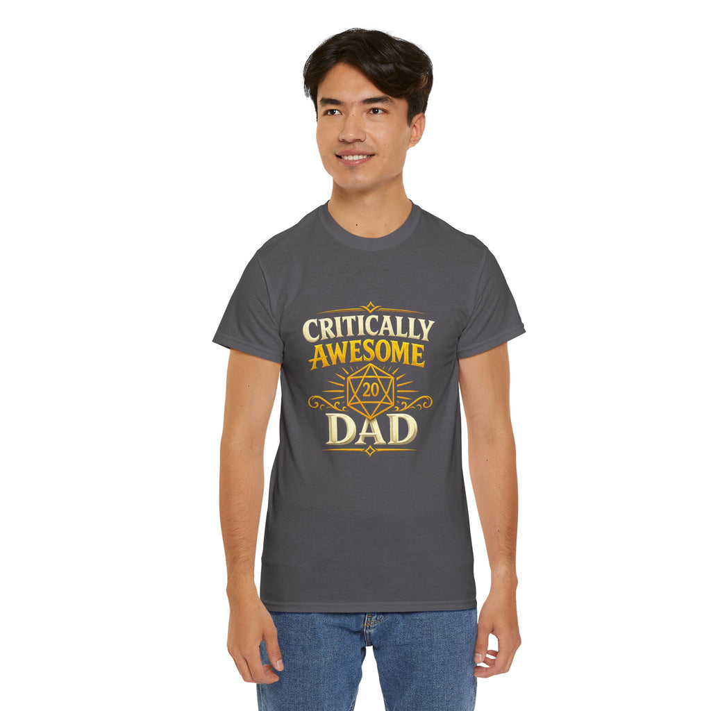 Critically Awesome Dad T‑Shirt – Gold D20 Gaming Father Tee (Father’s Day, Gamer Dad Gift)