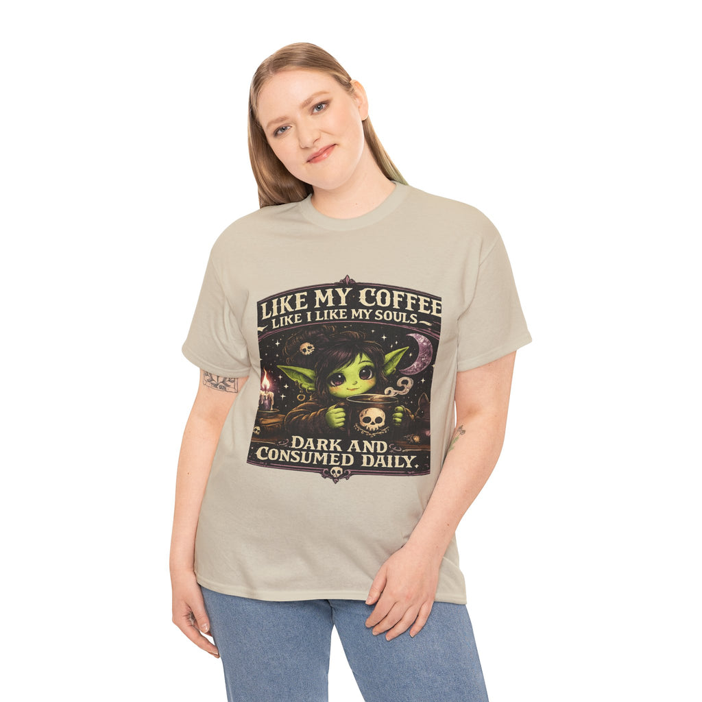 Like My Coffee Tee — "Like My Coffee Like I Like My Souls: Dark and Consumed Daily" Gothic Graphic T-Shirt