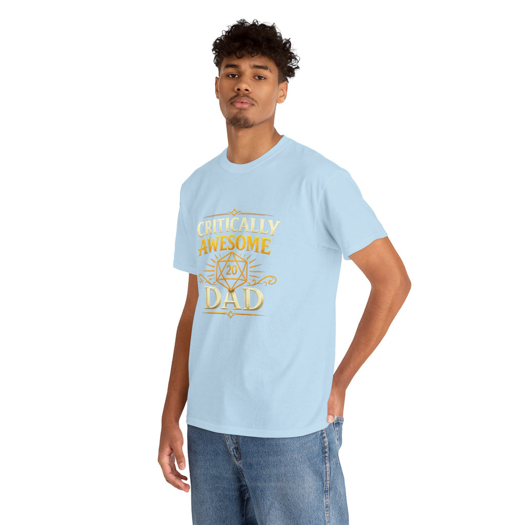 Critically Awesome Dad T‑Shirt – Gold D20 Gaming Father Tee (Father’s Day, Gamer Dad Gift)